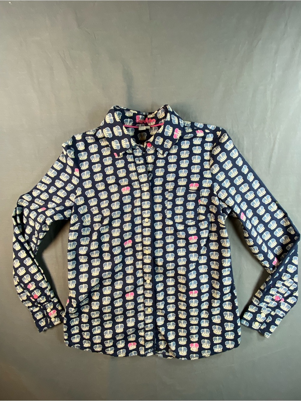 Limited Edition Boden Navy Button-Down Shirt with Cream & Pink Crown Print